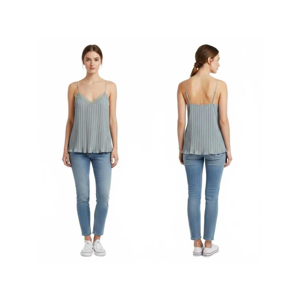 Cami Top Lace Trim Pleated Sleeveless Blouse Blue Size S